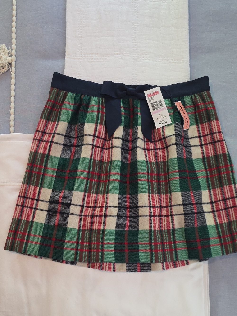Vineyard Vines Plaid Flannel Mini Skirt with Navy Waistband And Bow